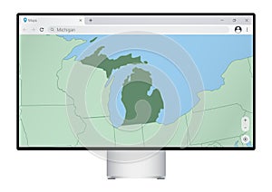 Computer monitor with map of Michigan in browser, search for the country of Michigan on the web mapping program
