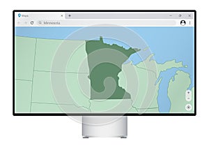 Computer monitor with map of Minnesota in browser, search for the country of Minnesota on the web mapping program