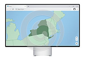 Computer monitor with map of New York in browser, search for the country of New York on the web mapping program