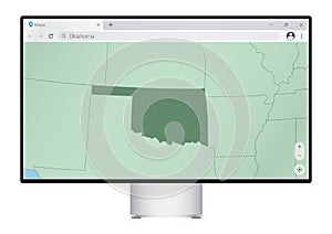 Computer monitor with map of Oklahoma in browser, search for the country of Oklahoma on the web mapping program