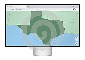 Computer monitor with map of Texas in browser, search for the country of Texas on the web mapping program