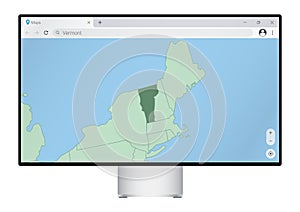 Computer monitor with map of Vermont in browser, search for the country of Vermont on the web mapping program