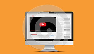 Computer monitor mockup with online video blog screen. Vlog concept. Vector illustration.