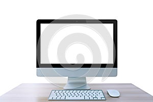 Computer monitor, mouse, keyboard on table isolated white background