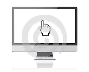 Computer monitor retina display with blank screen and hand cursor