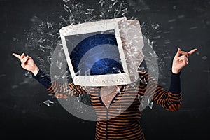 Computer monitor screen exploding on a young persons head