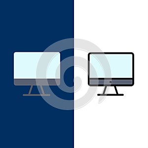 Computer, Monitor, Screen, Hardware  Icons. Flat and Line Filled Icon Set Vector Blue Background