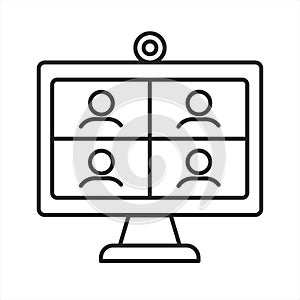 Computer monitor screen icon with group of people making online videoconference. Online meeting via group call. Webcam.