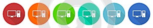 Computer, monitor, screen, pc icon set, flat design vector illustration in 6 colors options for webdesign and mobile applications