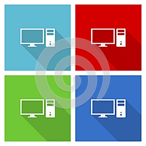 Computer, monitor, screen, pc icon set, flat design vector illustration in eps 10 for webdesign and mobile applications in four