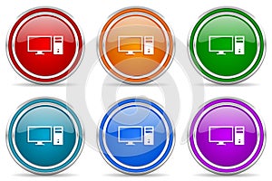 Computer, monitor, screen, pc silver metallic glossy icons, set of modern design buttons for web, internet and mobile applications