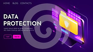 Computer monitor with secure folder. Data protection concept. Landing page