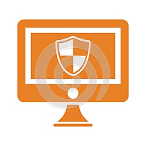 Computer, monitor, security, firewall, shield icon. Orange version