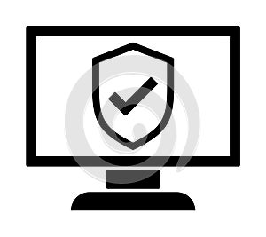 Computer monitor security shield tick icon