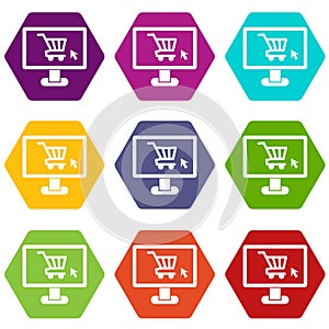 Computer monitor with shopping cart icon set color hexahedron