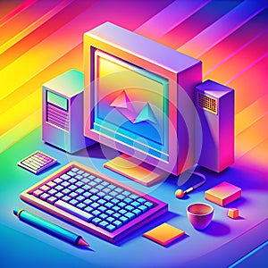 A computer monitor sits on a desk with a keyboard and mouse