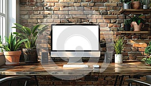 A computer monitor sits on a wooden desk in front of a brick wall by AI generated image