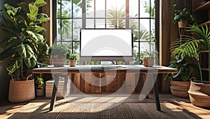 A computer monitor sits on a wooden desk in front of a brick wall by AI generated image