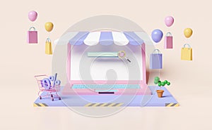 Computer monitor with store front,shopping cart,paper bags,magnifying glass,blank search bar isolated on pink pastel background,