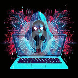 A computer monitor with the word code on it with a picture of a monster. Concept hacker or cyber attack. Al generated