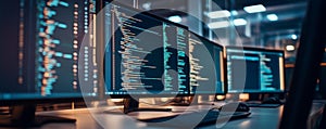 Computer monitors with code in modern office setting