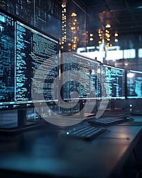 Computer Monitors Displaying Code in a Modern Office Setting