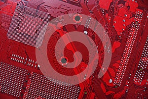 Computer motherboard background and electronical components cpu gpu memory and different sockets for video card close up