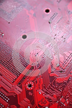 Computer motherboard background and electronical components cpu gpu memory and different sockets for video card close up