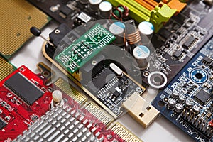 Computer motherboard components close up