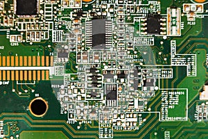 Computer motherboard components close up, top view