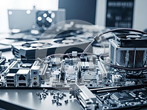 Computer motherboard components isolated on white background