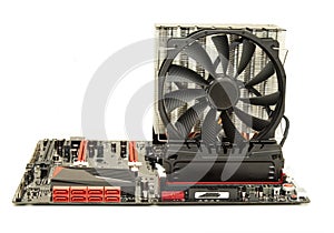 Computer motherboard with cooler isolated on white