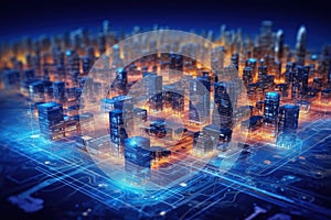 Computer Motherboard With a CPU Processor in the Shape of an Abstract Digital City extreme closeup. Generative AI