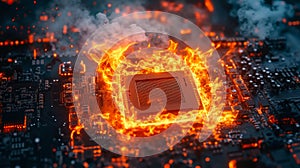 A computer motherboard on fire with smoke coming out of it