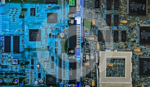 Computer motherboard chips closeup glowing