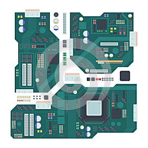 Computer motherboard illustration. Green panel with compartment for central processor capacitors and inputs connecting
