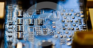 Computer motherboard micro chip circuit close up