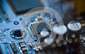 Computer motherboard micro chip circuit close up