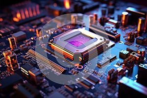 Computer motherboard with processor and microchips, 3Drendering closeup view