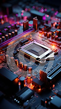 Computer motherboard with processor and microchips, 3Drendering closeup view