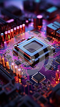 Computer motherboard with processor and microchips, 3Drendering closeup view