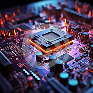 Computer motherboard with processor and microchips, 3Drendering closeup view