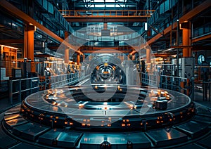 computer motherboard and processor unit fan rotating and cooling system, close up photo with blue light flare.