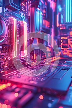 A computer motherboard with a red and blue light on it