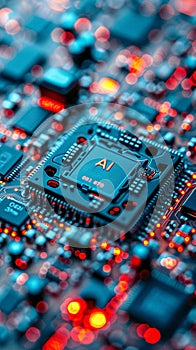 A computer motherboard with a state-of-the-art AI processor. AI generative