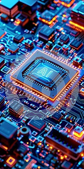 A computer motherboard with a state-of-the-art AI processor. AI generative