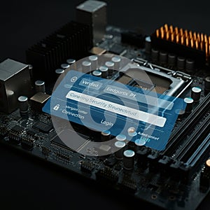 A computer motherboard with various components such as capacitors, connectors, and a CPU socket.