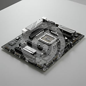 A computer motherboard on a white surface. The board features a central CPU