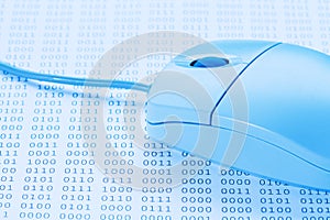 Computer mouse on binary code background