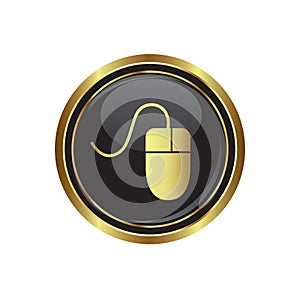 Computer mouse on the black with gold round button.